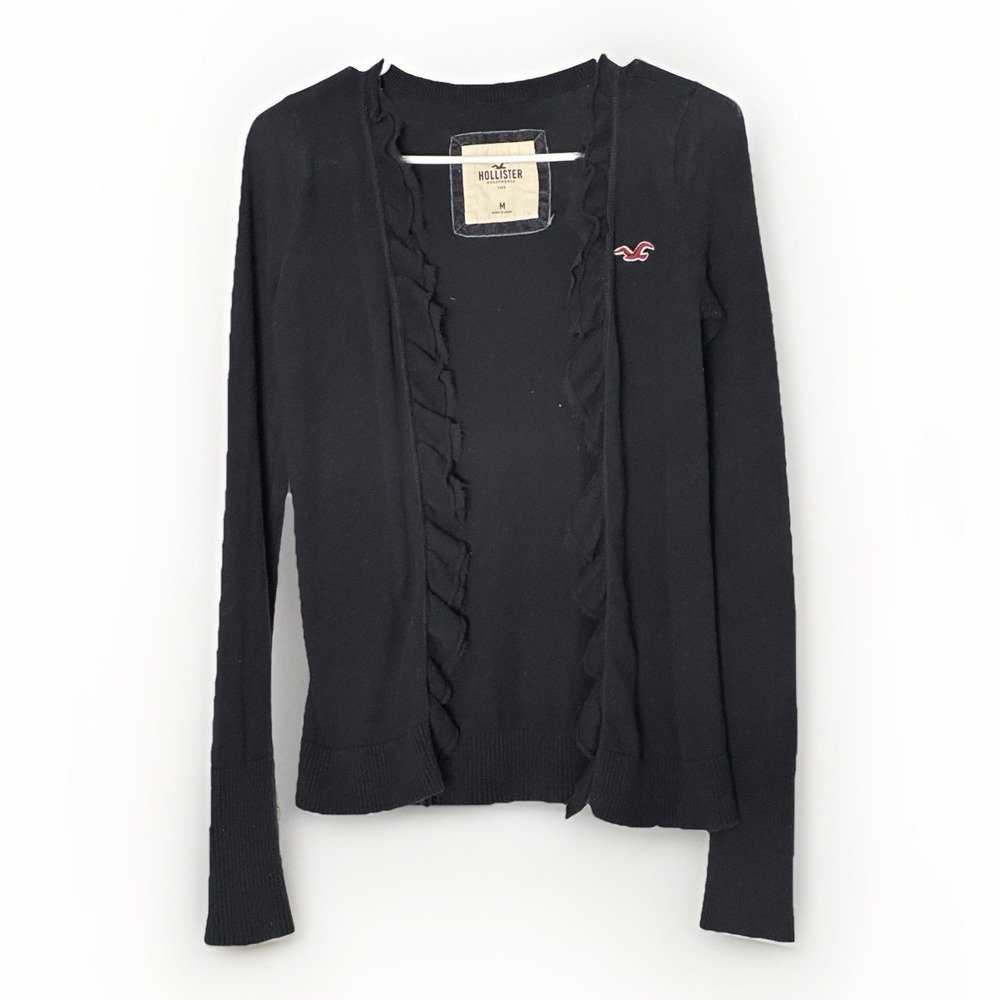 Hollister Black Ruffle Trim Cardigan Sweater Women's Medium Y2K Mall Core‎ Layer